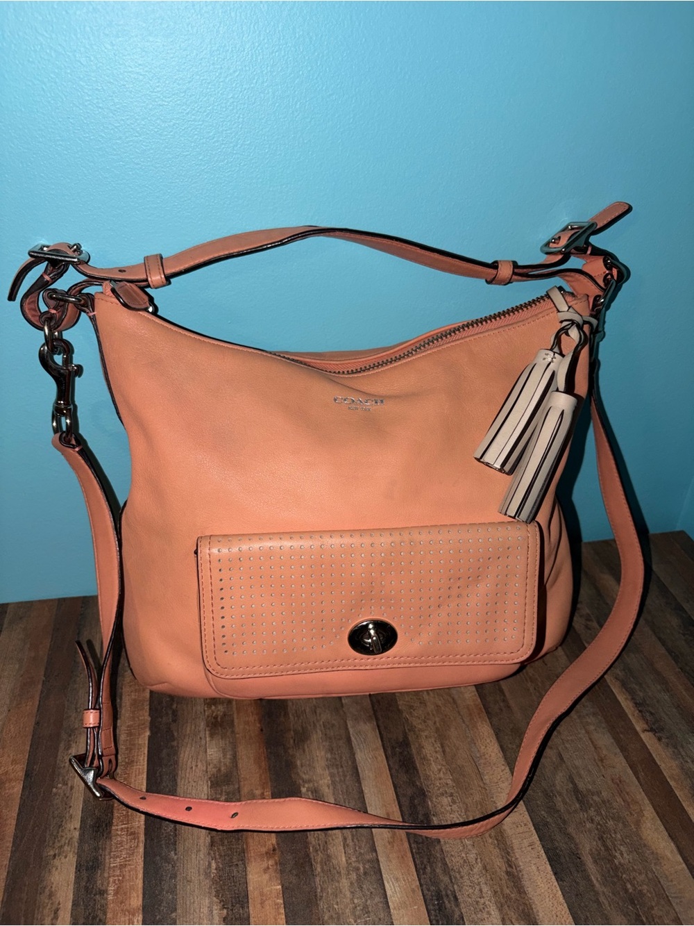 Coach Coral Leather Legacy Perforated Courtenay Bag with Tassel Accent